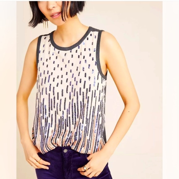 Anthropologie NWOT TINY AUBERTE SEQUIN STRIPE TANK BLOUSE KNIT TOP GREY Size S - Picture 4 of 8